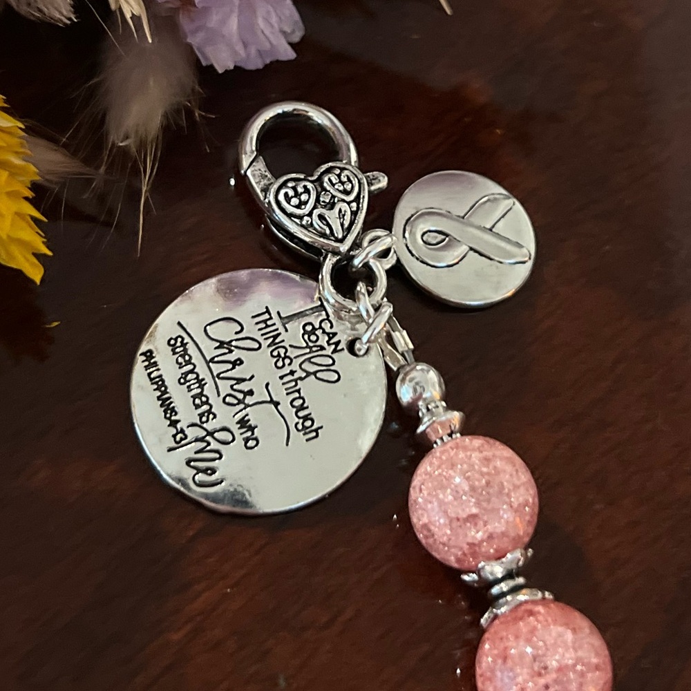 Pink Crackle Glass Beads with Silver Cross, One Decade Rosary/Handbag Accessory